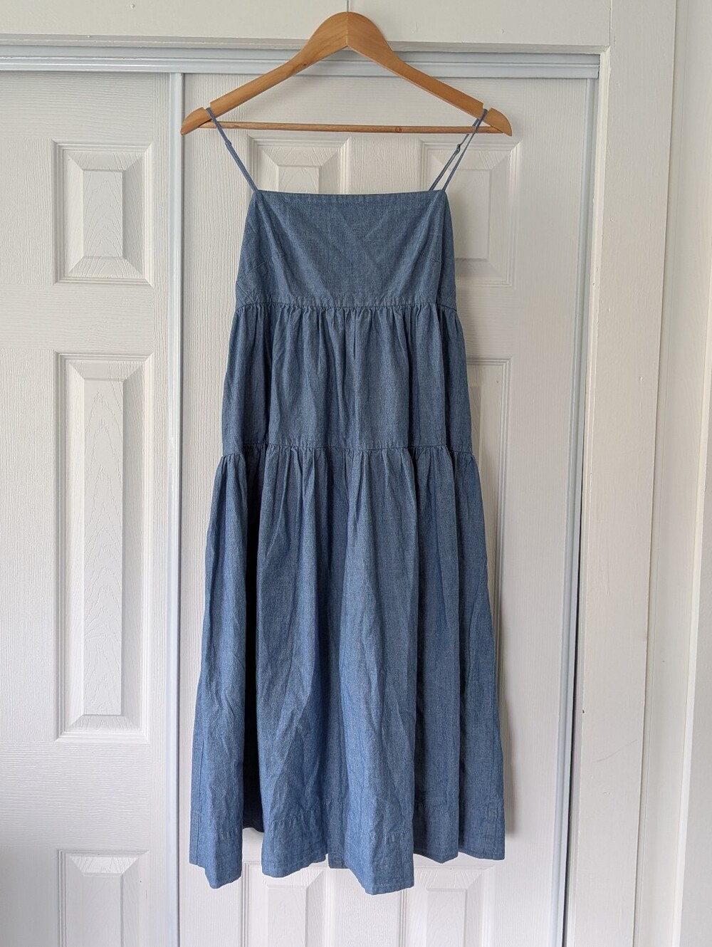 J. Crew Tie Back Tiered Chambray Blue Cotton Midi Dress 4 Boho Beach Cottagecore